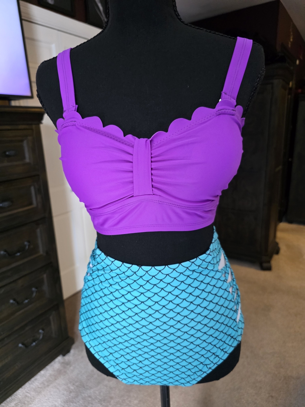 Purple & Turquoise Mermaid Scale High-Waisted Bikini Set Size XL NWT